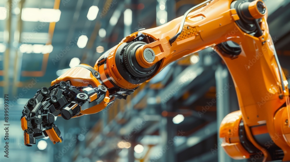 Poster close-up of an orange robotic arm in an industrial setting. depicting cutting-edge robotics and mech