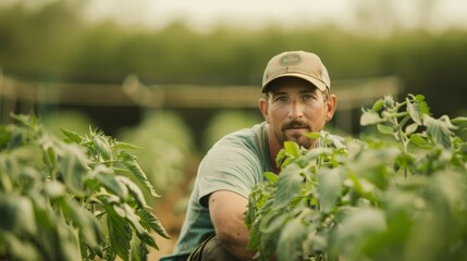 A dedicated farmer tending to lush green tomato plants in a sunlit field, showcasing the beauty of agriculture and hard work.
