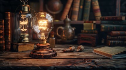 A vintage Edison bulb lamp illuminates a wooden table surrounded by antique books and objects.