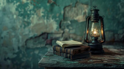 A vintage kerosene lamp illuminates a stack of old books on a rustic wooden table. The dim light creates a warm, cozy atmosphere.