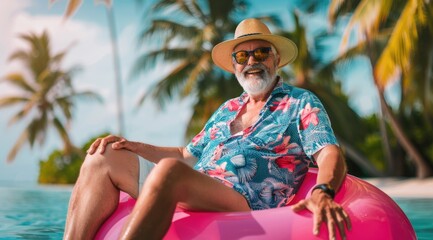 Fototapeta premium Happy old man in summer and hat with sunglasses is sitting on an inflatable pink ring 