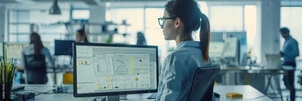 Aufkleber Female engineer working on advanced technical designs on computer in a collaborative office. Engineering collaboration and innovative solutions.