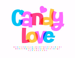 Vector cute badge Candy Love. Funny Colorful Font. Trendy Alphabet Letters and Numbers set.