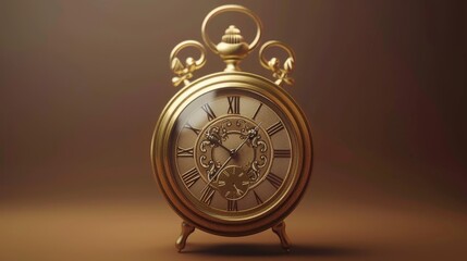 An antique gold clock with Roman numerals and intricate details on a brown background.  The clock is a symbol of time and the passage of time.