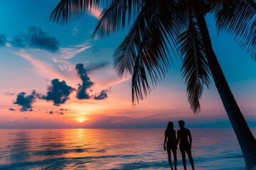 couple on the beach at sunset, generative ai