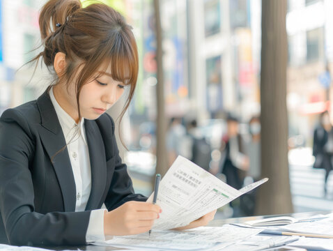就活スーツを着て、悩む女子大生　Generative AI