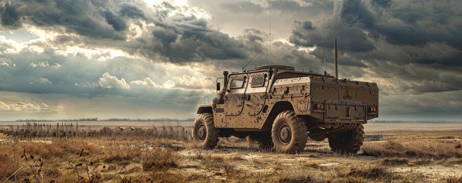 Military vehicle on a rugged landscape under a dramatic cloudy sky, showcasing strength and resilience in challenging environments.