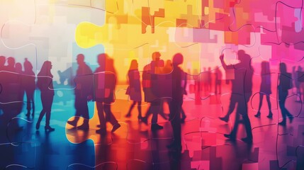 Silhouettes of people against a vibrant puzzle piece background. Concept of social interaction and community.