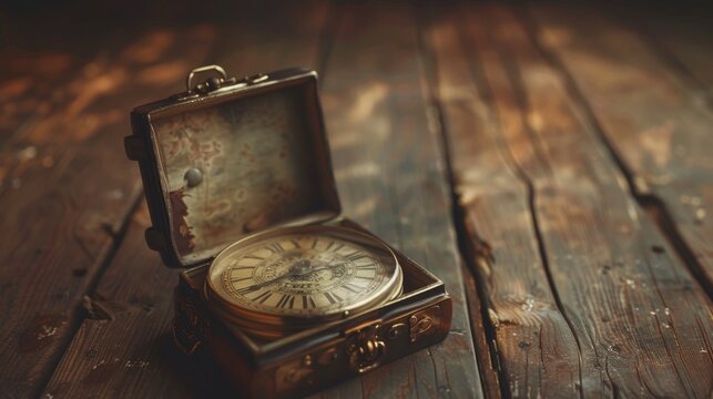 Antique pocket watch in an ornate case on a rustic wooden surface.  The watch face is worn and the case is slightly tarnished, adding to the vintage charm of the image.