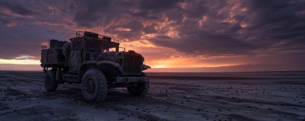 Fototapeta premium A rugged military vehicle is parked on rough terrain under a dramatic sunset sky, casting an atmosphere of adventure and resilience.