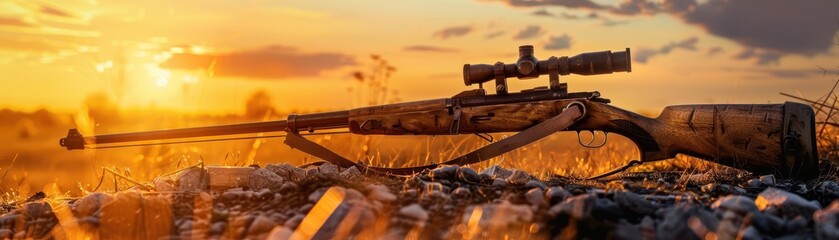 A sniper rifle lying on the ground in a field at sunset, with a beautiful sky in the background.