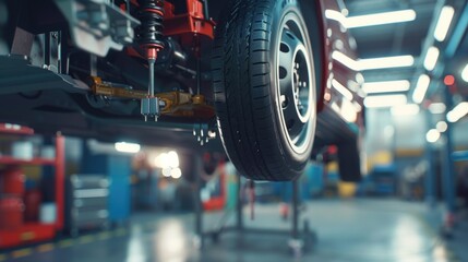 car in workshop lifted by hydraulic machine