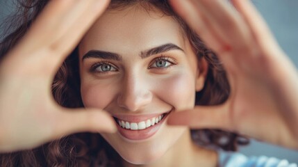 Fototapeta premium Portrait of cheerful smiling young woman raising her hand and putting it in front of her face.