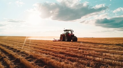 Fototapeta premium tractor plowing field during harvest outdoors, industrial mood