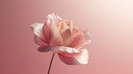 Obraz premium A single delicate pink rose blooms against a soft pink gradient background. The petals are soft and textured, with a hint of light reflecting off their surface.