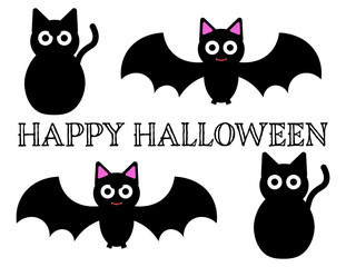 Cute Cat and Bat Bundle, Halloween Designs, Spooky Animals, Wide Eyed Cat, Smiling Bat, 
