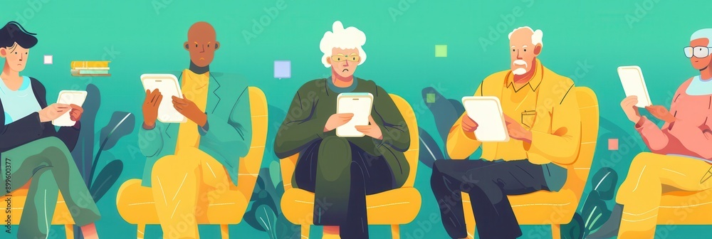Poster A group of elderly people sits in bright chairs, intently using tablets while enjoying a vibrant community center atmosphere. Generative AI