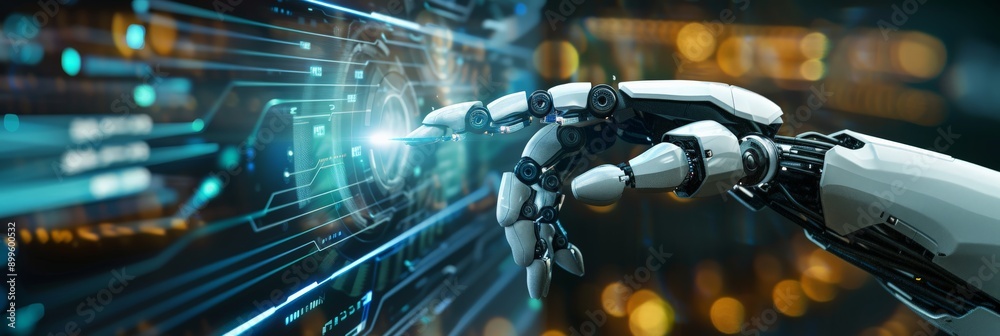 Poster Robotic hand interacting with high-tech holographic interface. Futuristic technology and AI.