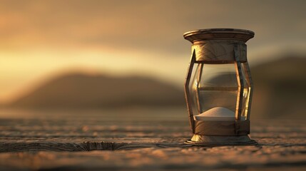 A vintage hourglass sits on a wooden surface with a blurred sunset background, symbolizing the passage of time.