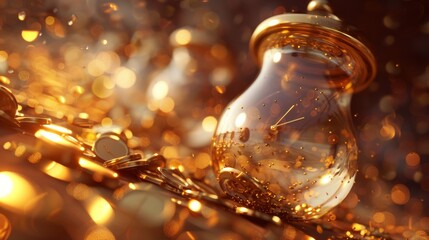 A vintage hourglass with golden sand flowing, set against a backdrop of sparkling bokeh lights.