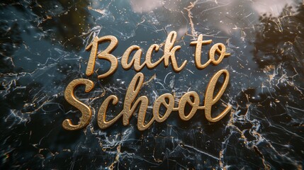 Golden letters spelling Back to School on a black marble surface with gold veins.