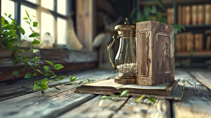 A vintage oil lamp and a leather-bound book sit on a wooden table, bathed in warm sunlight filtering through a window.