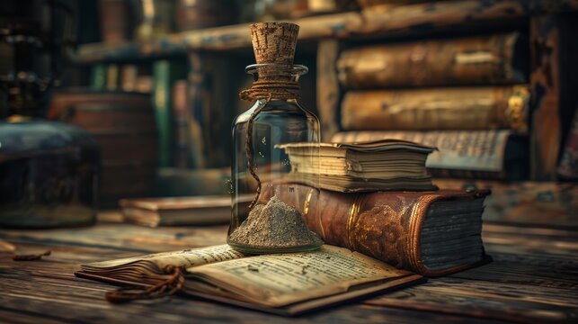 A vintage potion bottle sits on a table surrounded by ancient books. The scene is bathed in a warm, inviting light.