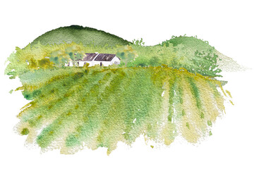 Landscape with green field, mountains, trees, houses. Watercolor illustration, hand drawn, for background poster design