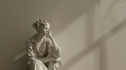 Naklejka premium A white marble statue of a woman sitting with her chin on her hand, bathed in soft sunlight.
