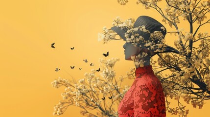 A woman in a red dress and hat stands amidst blooming branches with butterflies flying away.