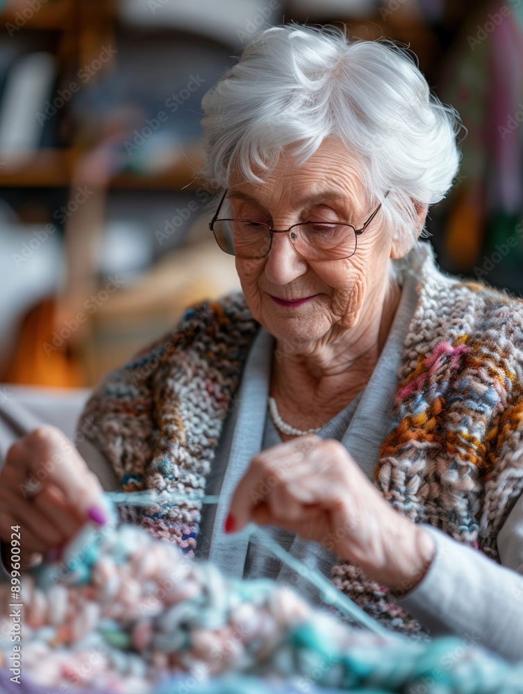 Poster elderly individuals are happily knitting together, sharing skills and enjoying time in a warm, frien