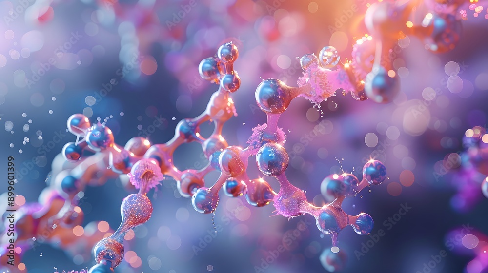 Canvas Prints abstract molecular structure with colorful bokeh background.