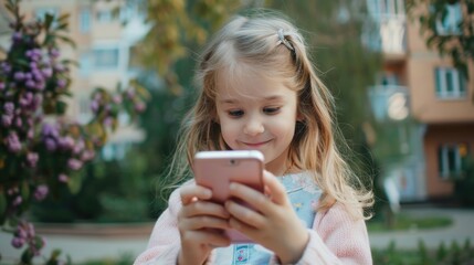 Smiling little girl portrait with smartphone.
