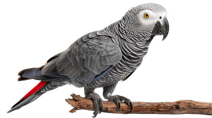 An African Grey Parrot perched on a wooden branch, isolated against a white background. The parrot exhibits stunning plumage in shades of grey with distinctive red tail - AI Generated Digital Art