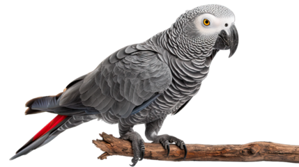 An African Grey Parrot perched on a wooden branch, isolated against a white background. The parrot exhibits stunning plumage in shades of grey with distinctive red tail - AI Generated Digital Art