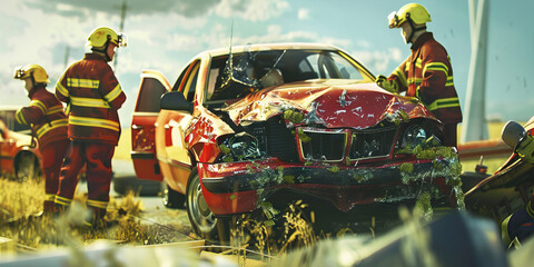 A car accident scene, emergency responders carefully extracting the injured driver from the wreckage. (with red)