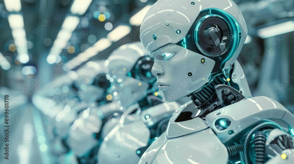 Poster Line of advanced humanoid robots in a futuristic lab setting. Concept of AI and robotics in modern technological advancements.
