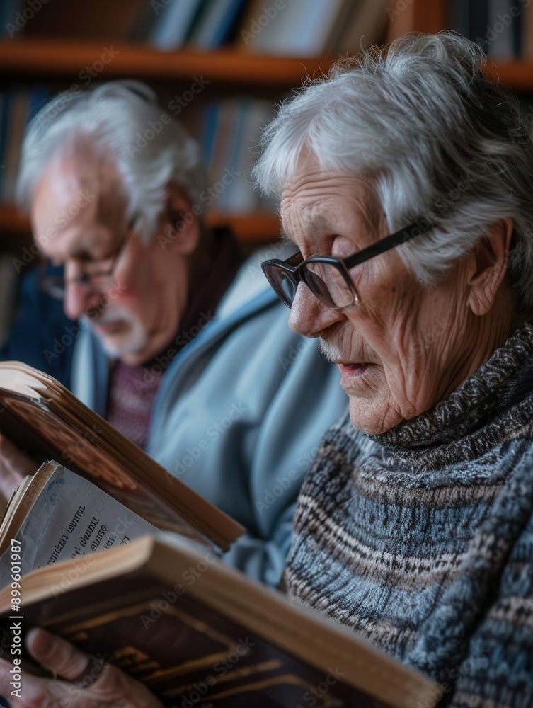 Fototapete senior citizens are focused on studying foreign languages, surrounded by textbooks and dictionaries 