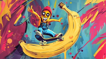 Naklejka premium Banana cartoon playing skateboard with cool expression. 