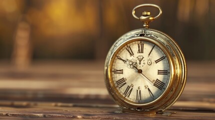 A vintage pocket watch with roman numerals sits on a rustic wooden surface, with a blurred background of autumn foliage