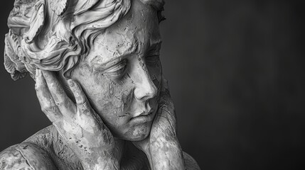 Close-up of a weathered stone statue of a woman with her hands on her face, looking down in sadness.
