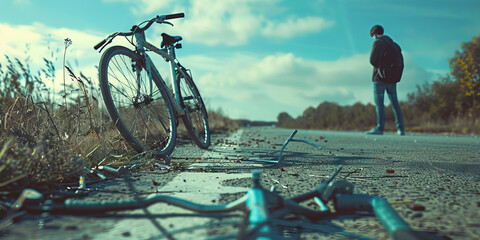 A broken bicycle on the side of the road, its owner examining the damage with frustration. 
