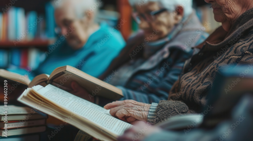 Poster elderly individuals focus intently on their foreign language textbooks and dictionaries in a cozy li