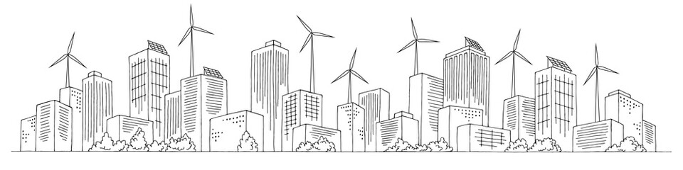 City eco graphic black white cityscape skyline sketch long illustration vector  © aluna1