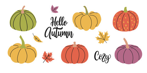 Set of pumpkins and autumn leaves. Autumn hand drawn lettering hello autumn and cozy. Hand drawn vector illustration.