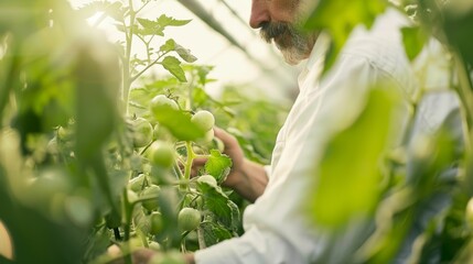 Obraz premium A gardener nurturing green tomatoes in a vibrant greenhouse, showcasing the beauty of organic farming and sustainable practices.
