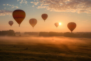 Fototapeta premium Balloons rising at dawn symbolize new beginnings