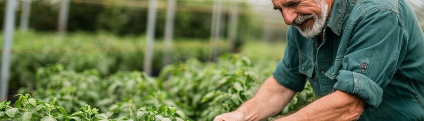 Fototapeta premium A joyful gardener tending to green plants in a lush greenhouse, showcasing passion for gardening and sustainable cultivation.