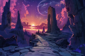 Mysterious alien landscape with ruins under starry sky and distant moon