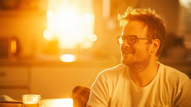 A joyful man smiles warmly in a sunlit kitchen, creating a cozy and uplifting atmosphere.